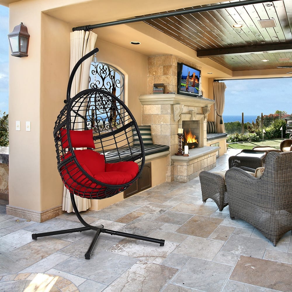 Agats Wicker Basket Swing Chair with Red Cushions by Havenside Home