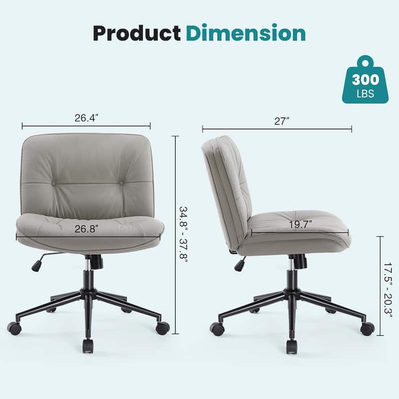 Criss Cross Chair with Wheels, Legged Home Office PU Leather Wide Armless Desk Seat - 27"D x 26.4"W x 34.8"H