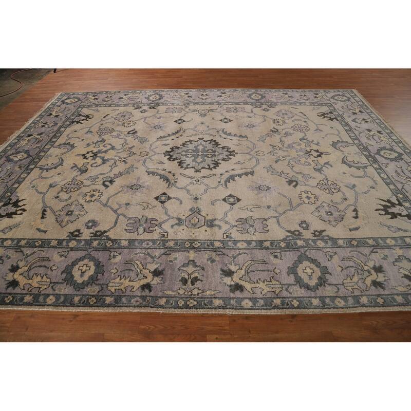 Oushak Indian Area Rug Handmade Beige Floral Wool Carpet - 9'0"x 11'7"