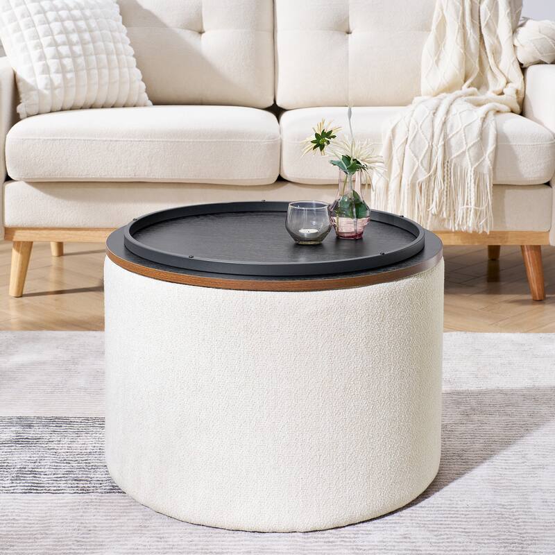 Roomfitters 2-Piece Round Chenille Storage Ottoman Set with Drum-Shaped Stool and MDF Top, Hidden Compartment