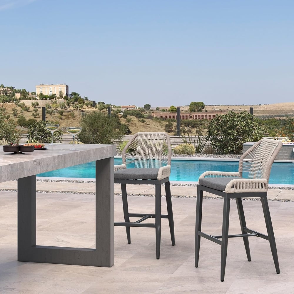 PURPLE LEAF Outdoor Bar Stools Chair Set of 2, All Weather Rattan and Aluminum Patio Bar Stool with Cushion