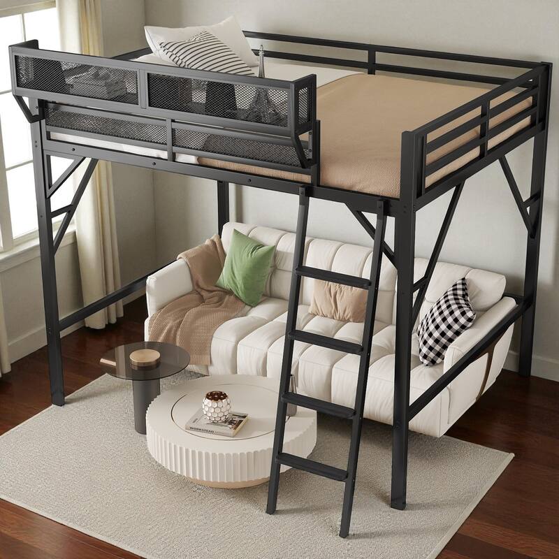 Queen Size Metal Loft Bed with Ladder and Storage Shelves, High Loft Bed Frame for Kids and Teens
