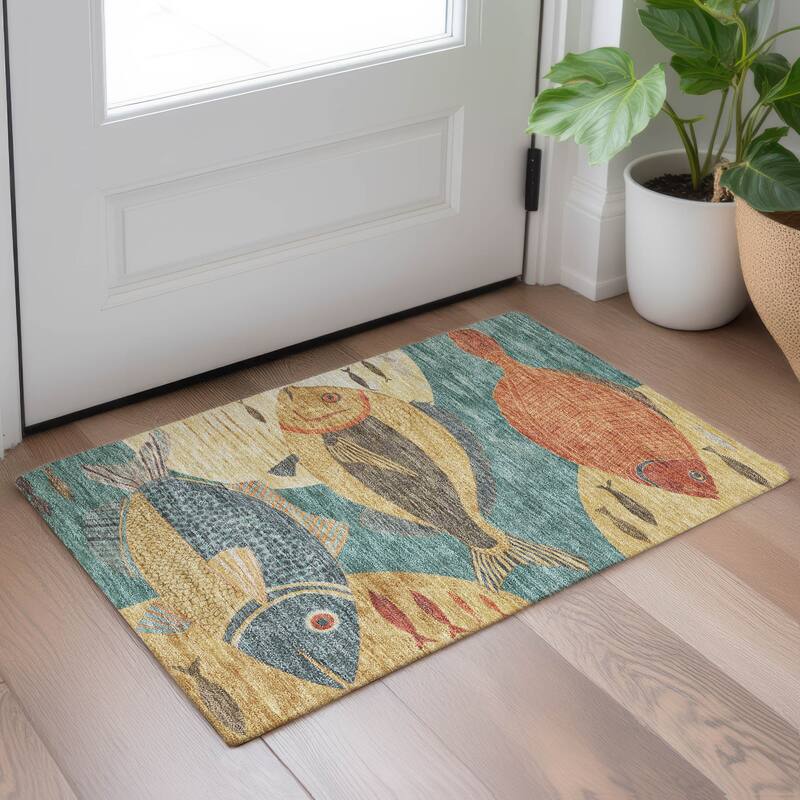 Machine Washable Indoor/ Outdoor Modern Fish Chantille Rug
