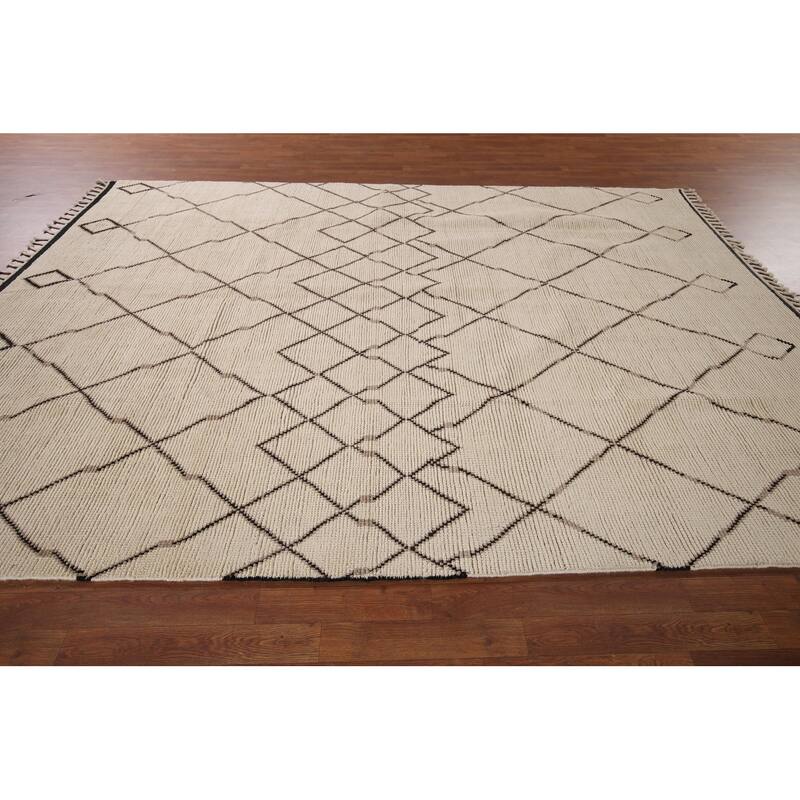 Trellis Moroccan Area Rug Handmade Oriental Beige Wool Carpet - 7'10"x 10'9"
