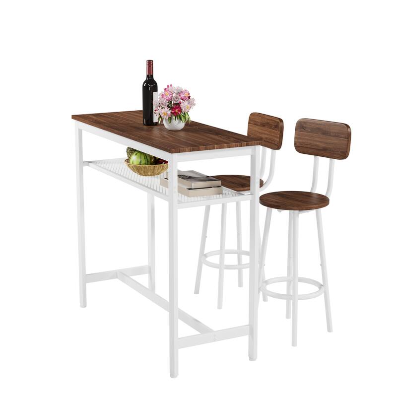 3 Piece Bar Table Set, Bar Table and Chairs Set of 2 with Metal Frame and Storage Rack