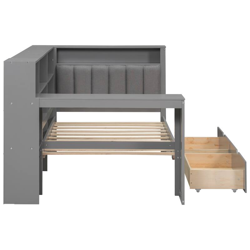 Roomfitters Wood Twin Platform Bed with Storage Shelves, Desk, Drawers and Charging Station, Upholstered Headboard, Grey