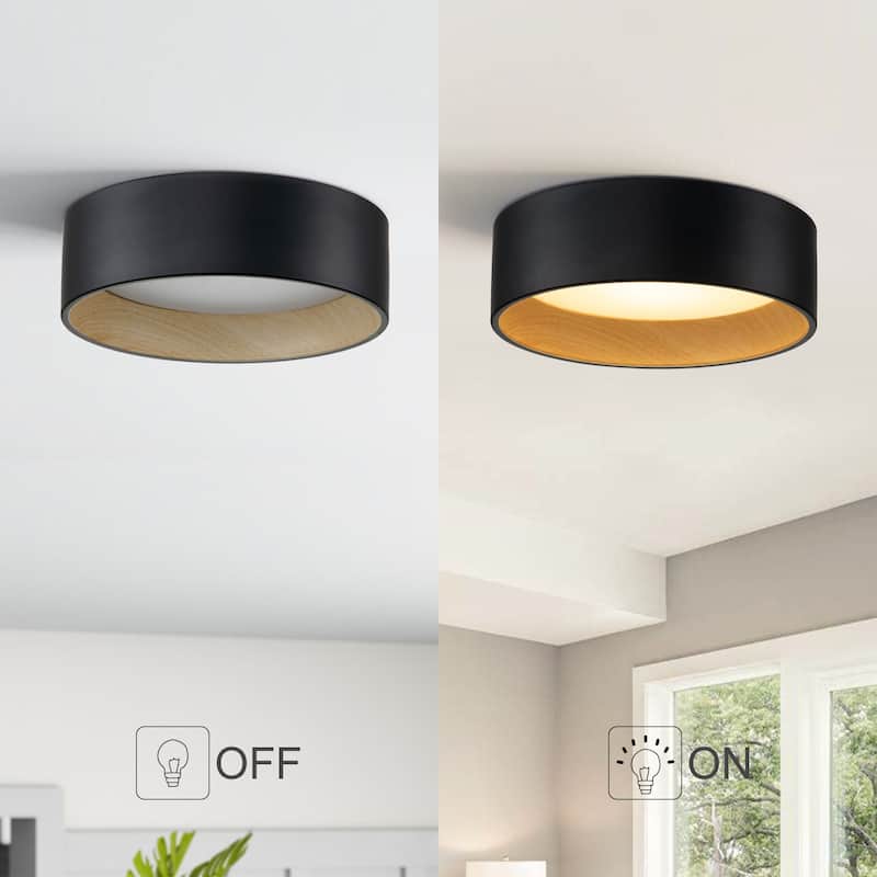 C Cattleya Black and Woodgrain 3CCT Integrated LED Flush Mount Ceiling Light