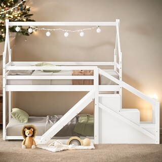 Twin over Twin House Loft or Bunk Bed with Slide and Staircase - Bed ...