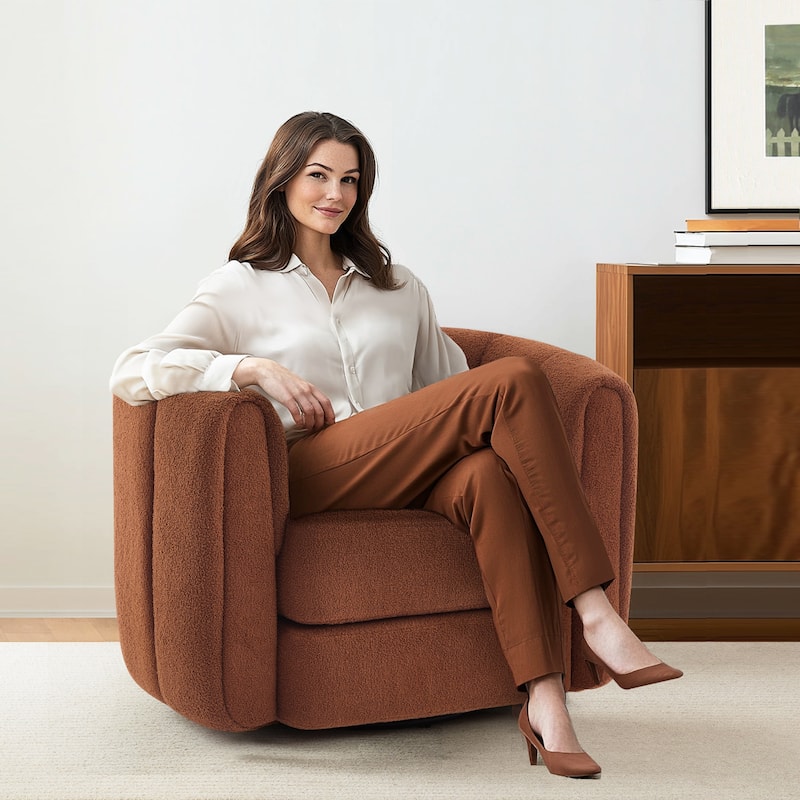 GDFStudio - Elodie Wide Teddy Swivel Armchair with Wooden Side Base, Modern Comfy Accent Chair - Brown