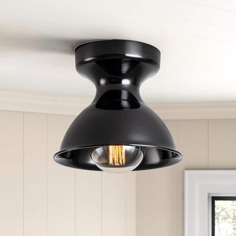 1-Light 8.4 in. Polished Modern Industrial Bowl Dome Small Semi-Flush Mount Light - 8.4 in. W x 7 in. H - Black