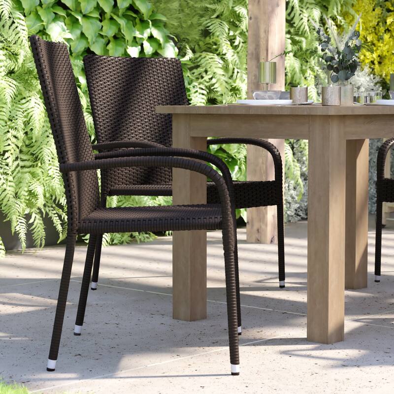 Indoor/Outdoor Stacking Steel Framed Wicker Dining Armchairs - 4 Pack