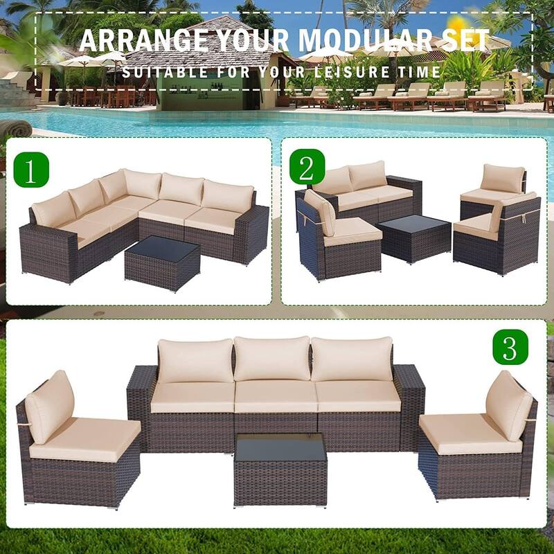 Delnavik Patio Furniture Set Sofa 6-Piece Wicker Sectional Sofa Set, Outdoor Furniture Rattan Patio Sofa Conversation Set