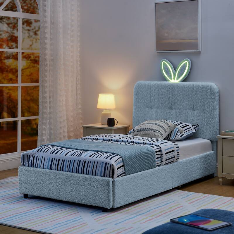 Kids Boucle Upholstered Bed with Rabbit Ear Headboard, LED Music Sync & 4 Drawers