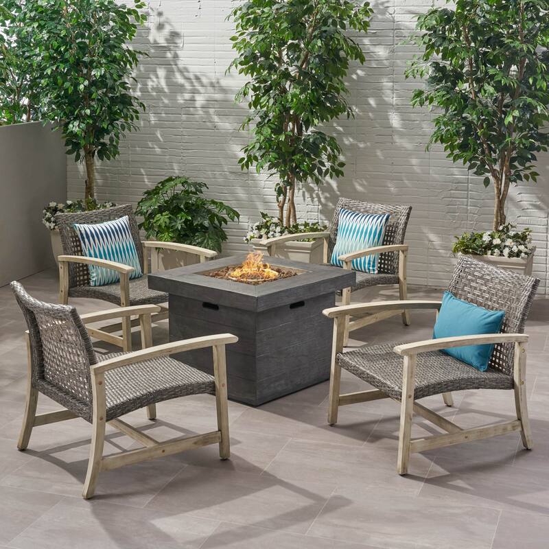 Breakwater Outdoor 5-piece Club Chairs and Fire Pit Set by Christopher Knight Home - Mixed Black+Light Gray Washed Finish+Gray