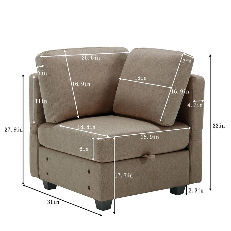 Modern Modular 6 Seat Upholstered Sectional Sofa with Storage, Adjustable Arm, Brown