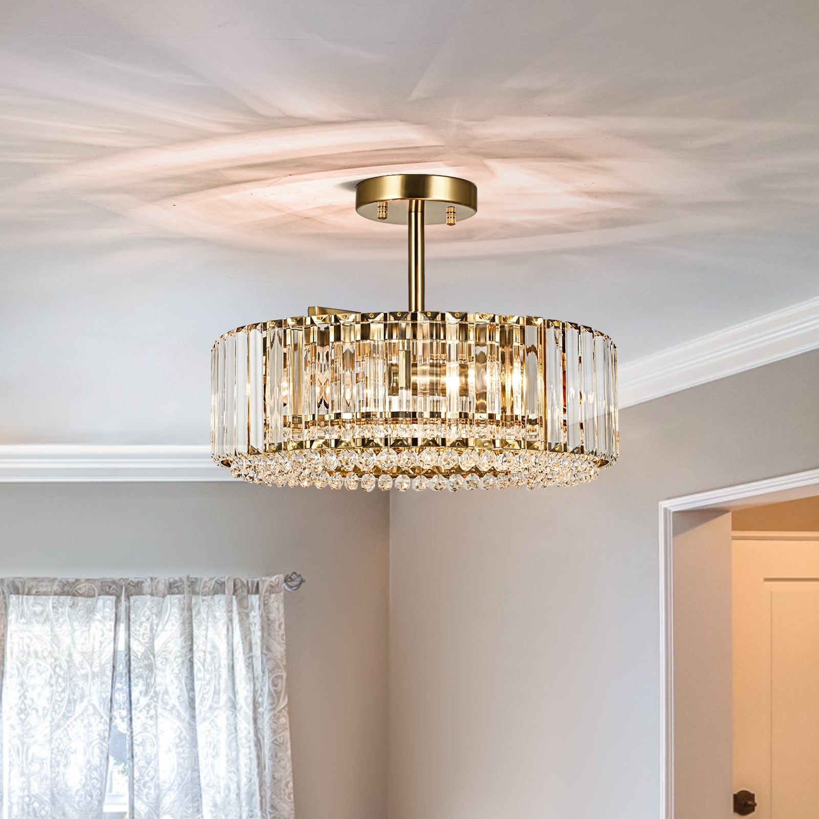 Modern Glam 4-Light Crystal Drum Semi Flush Mount Ceiling Light for Living & Dining Rooms, Entryway, and Hallway