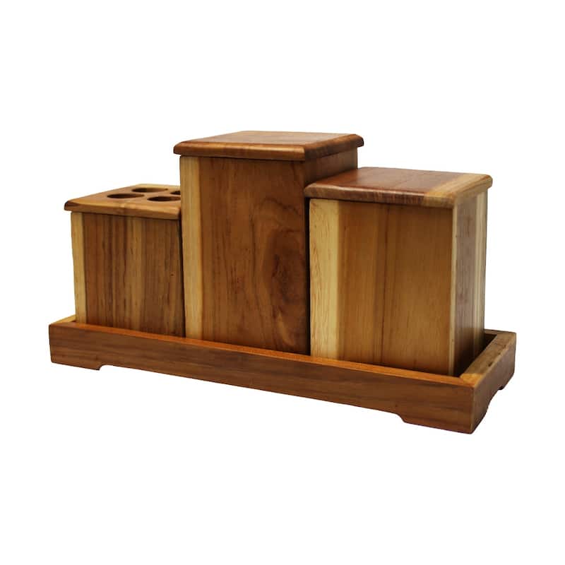 7 Piece Teak Wood Bathroom Amenities Set with Tray