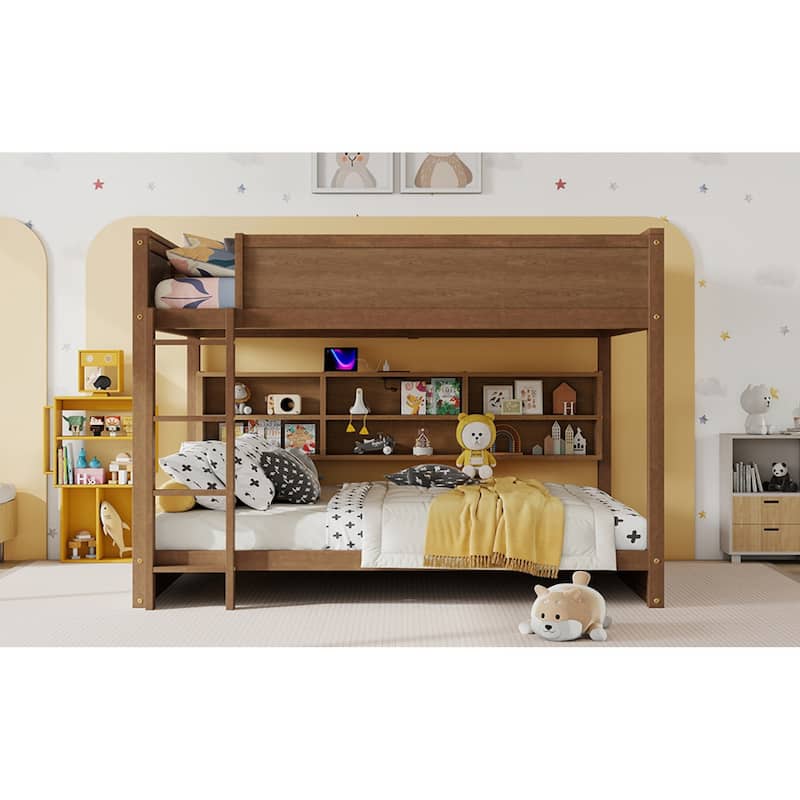 Roomfitters Queen Over Queen Bunk Bed with Storage Cabinets & Charging Station, Solid Pine Wood with Ladder & Guardrails, Wheat