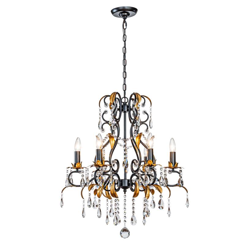 Mid-Century French Style 6-Light Crystal Chandelier in Matte Black and Antique Gold Finish For Versatile Interiors - Matte Black