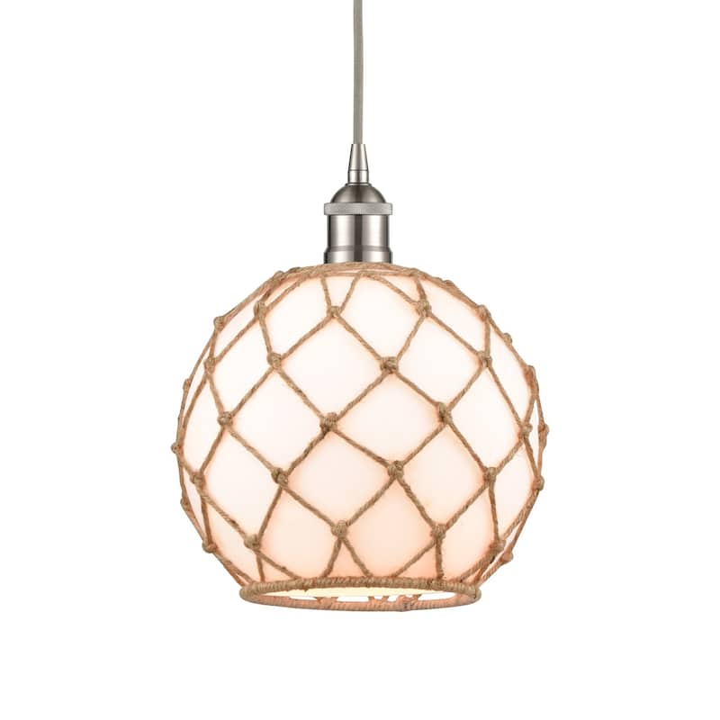 Innovations Lighting 616-1P-13-10 Farmhouse Pendant Farmhouse 10" Wide - Brushed Satin Nickel / White Glass / Brown Rope