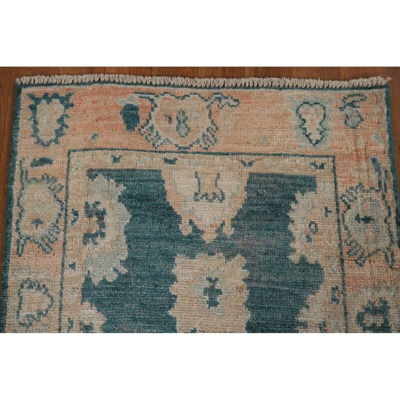 Hand Knotted Oriental 100% Wool Carpet Transitional Geometric Green Oushak Area Rug - 2' 10'' X 2' 1''