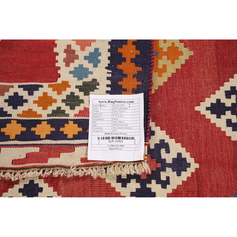 Kilim Qashqai Persian Vintage Rug Flatweave Bedroom Red Wool Carpet - 4'2"x 7'2"
