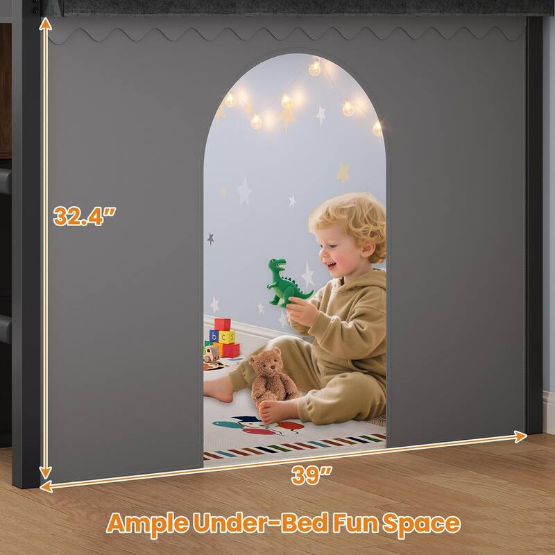 House Low Loft Bed Twin Size Storage Drawers Bookcase LED Lights