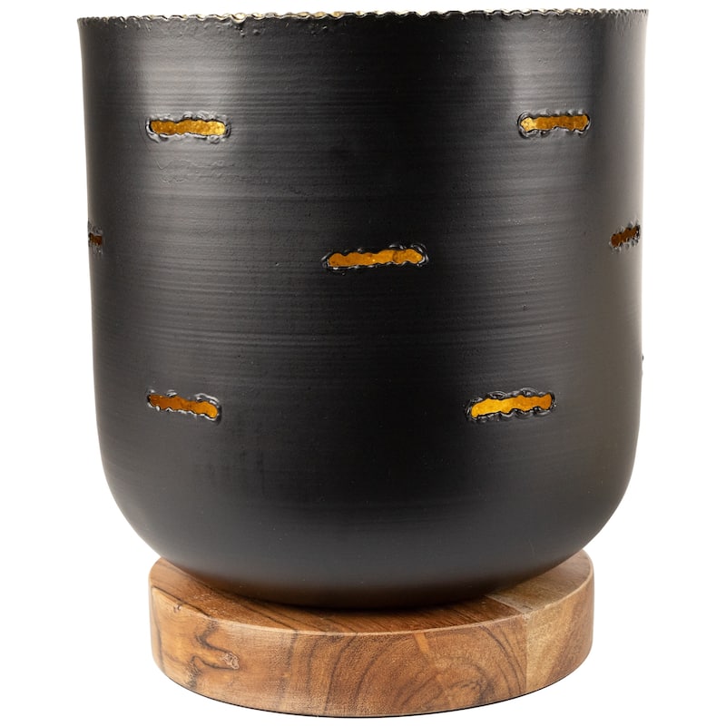 Iron and Foil Pillar Candle Holder with Wooden Base - 8.25" - Antiqued Black and Gold
