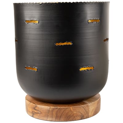 Iron and Foil Pillar Candle Holder with Wooden Base - 8.25" - Antiqued Black and Gold