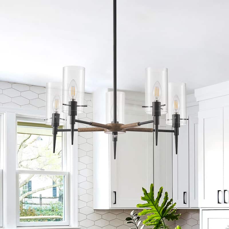 5-Lights Clear Glass Shades Candle Shape Modern Chandelier - 22.7"D×4.7"W×72"H (Adjustable) - Black - 22.7"D×4.7"W×72"H (Adjustable)