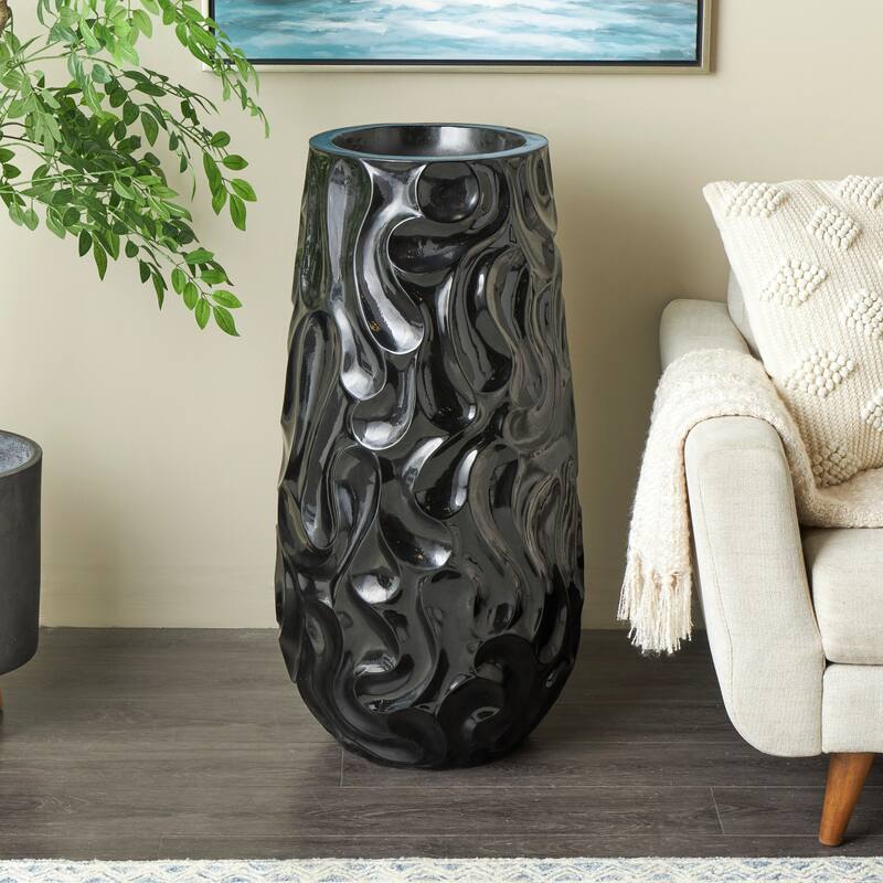 Black Resin Large Wavy Textured Floor Vase - Black - 18"W, 36"H