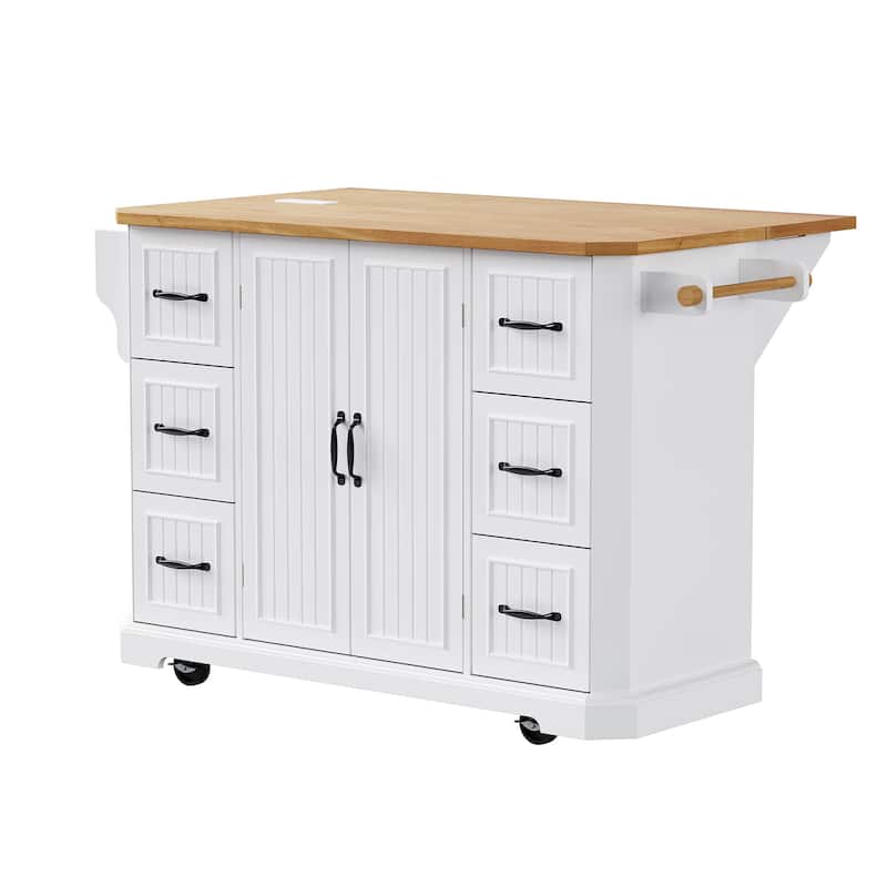 56" Rolling Kitchen Island with Storage Cabinet, Vertical Stripe Mobile Kitchen Cart Island Table with Power Outlet