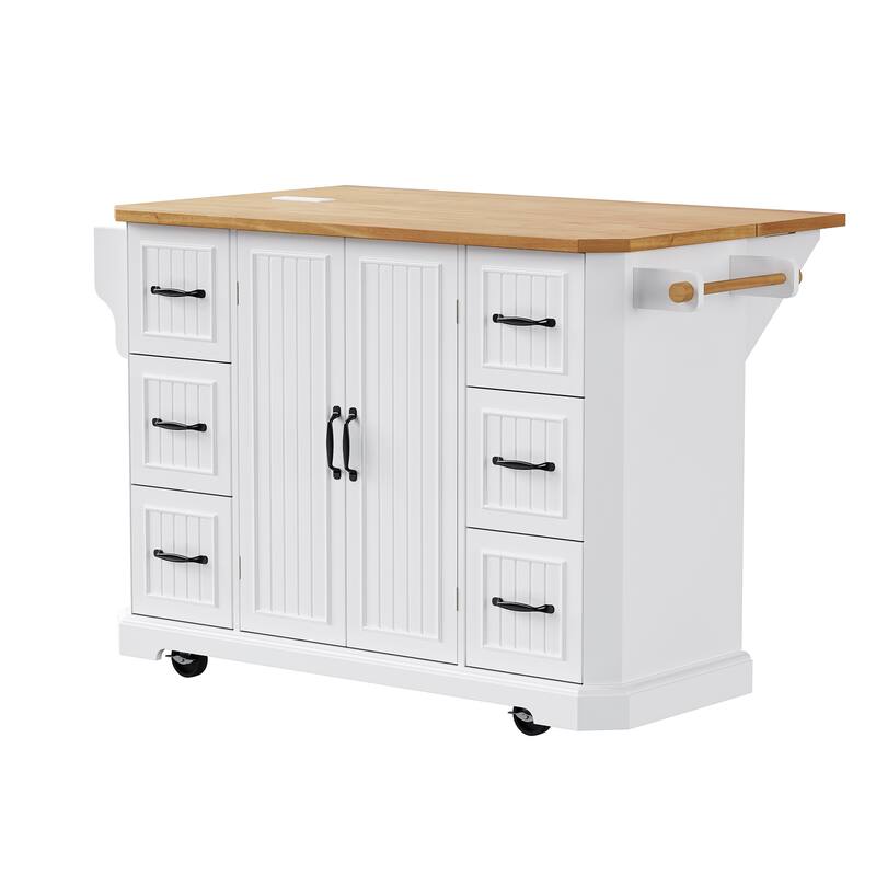56 inch Kitchen Island with Rubber Wood Veneer Drop Leaf, Power Outlet, 4 Door Shelves, Rolling cart on 4 Wheels with 6 Drawers