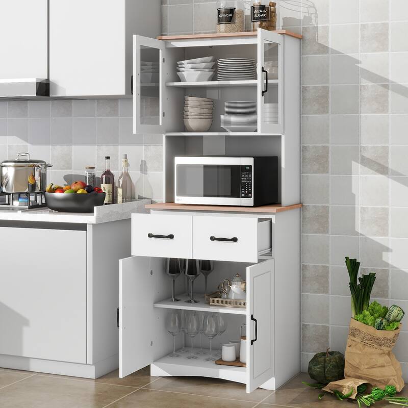 Anmytek White Wooden Kitchen Pantry Cabinet with Microwave Stand, Framed Glass Doors, Drawers & Storage Shelves