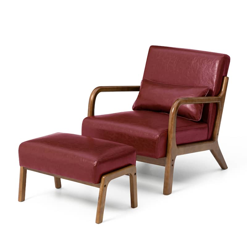 Glitzhome 30.75"H Mid-Century PU Leather Armchair with Ottoman Set