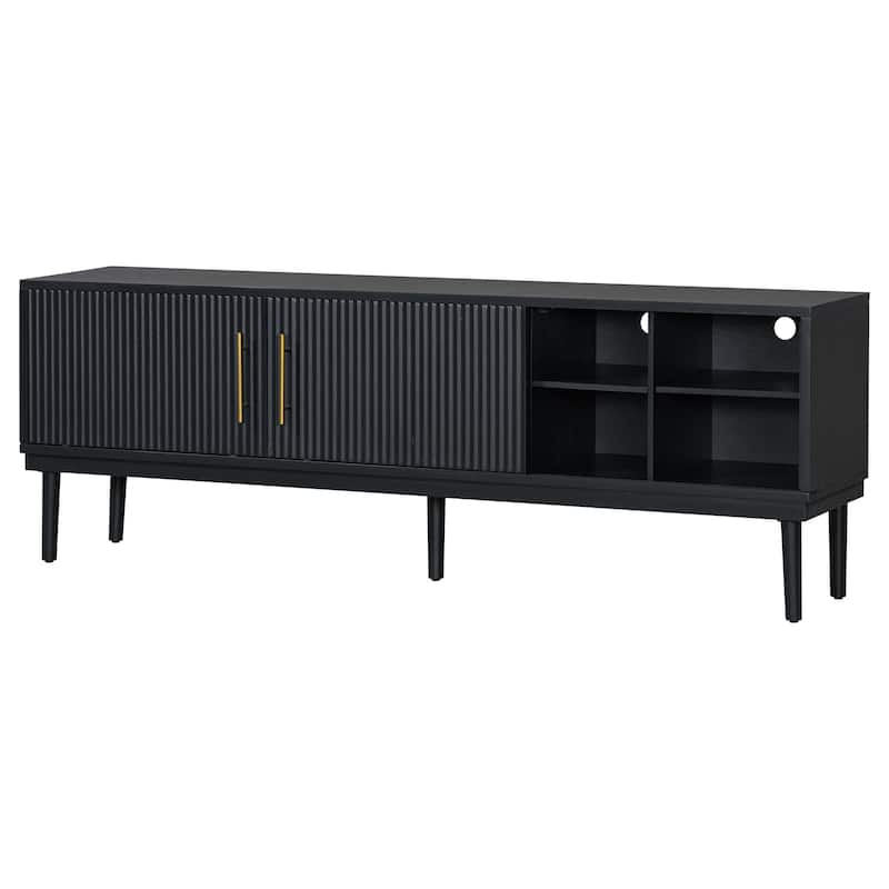 74.90" Wood TV Stand, Sliding Doors Media Cabinet with Gold Metal Handle, Media Console Table with Solid Wood Legs