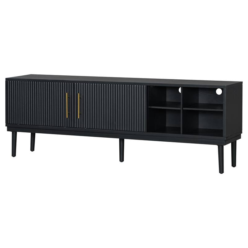Stylish TV Stand with Vertical Striped Doors, Space-Saving Sliding Door Design, Sturdy Solid Wood Legs