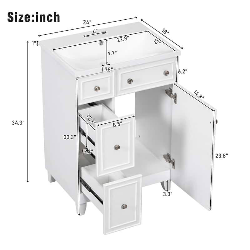 24 inch Freestanding Bathroom Vanity Set in White with Integrated Ceramic Sink