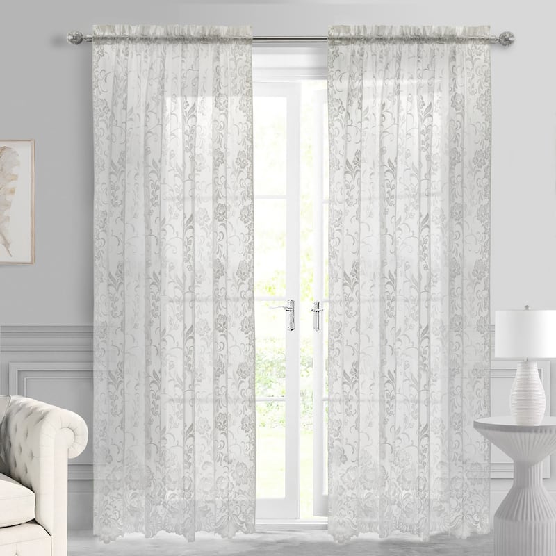 Limoges Embroidered Lace Rod Pocket Curtains Valances Swags and Tiers - 55" x 63" Panel - White