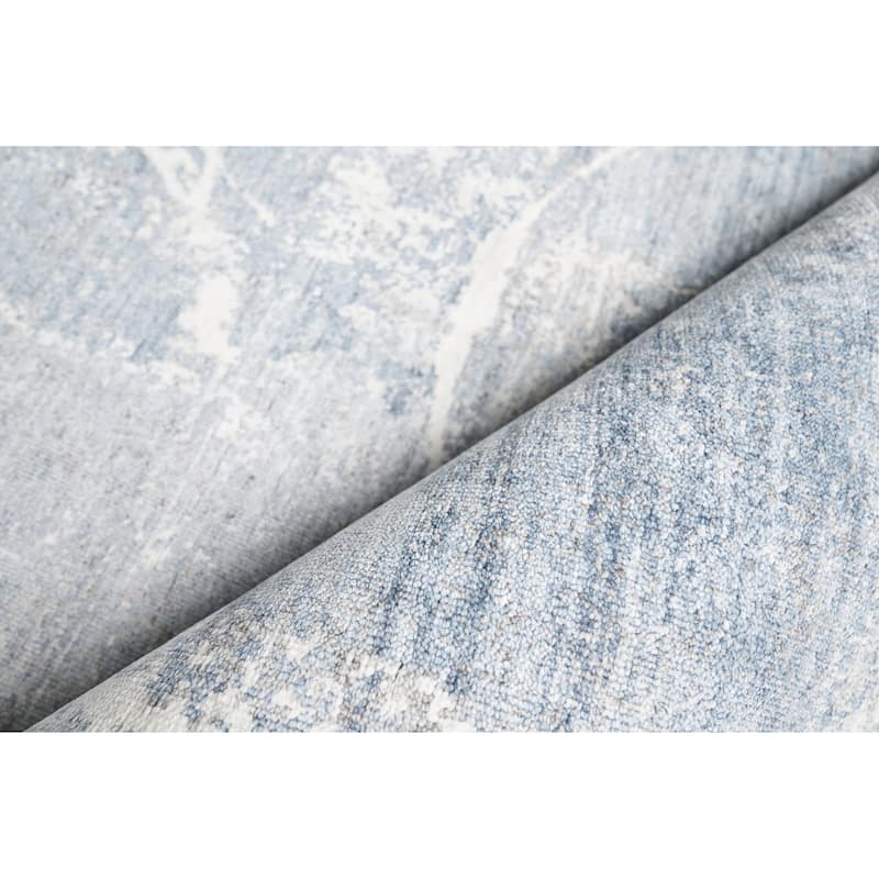 EXQUISITE RUGS Fine Pure Silk Hand-knotted Silk Blue/Grey/Ivory Area Rug.