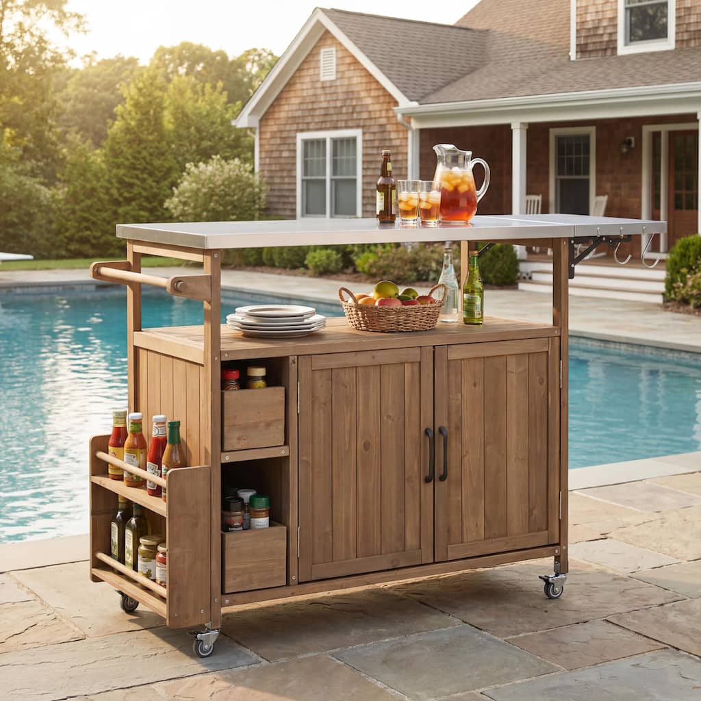 Christopher Knight Home - Farmhouse 54.3" Solid Wood Outdoor Kitchen Bar Cart, Stainless Steel Top, Spice Rack & Lockable Wheels