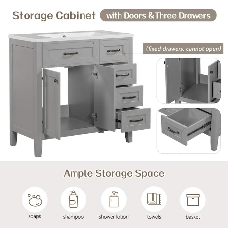 36" Bathroom Vanity w/ Sink, Lager Cabinet, 3 Drawers & Metal Handles