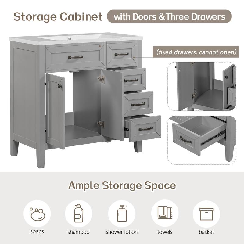 36" Bathroom Vanity with Sink Combo, Gray Bathroom Cabinet with Drawers, Solid Frame and MDF Board