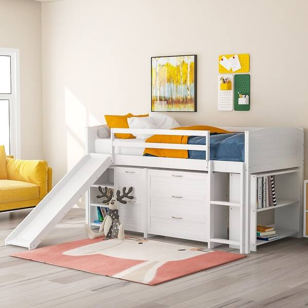 slide 2 of 60, Low Twin Size Wooden Loft Bed with Cabinets, Shelves & Slide - Stylish & Functional Design White
