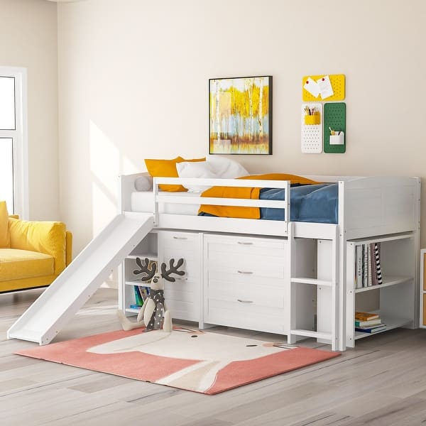 slide 2 of 60, Versatility Low Twin Size Wooden Kids Bed Loft Bed with Cabinets,Shelves,Storage Drawers,Guardrails and Slide White