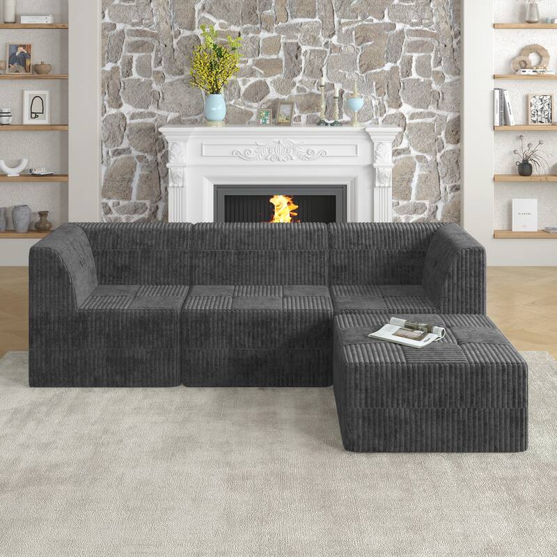 Minimalist Corduroy Upholstered Sectional Sofa with Chaise, Modular Compressed Sleeper Couch with Ottoman for Living Room - Grey