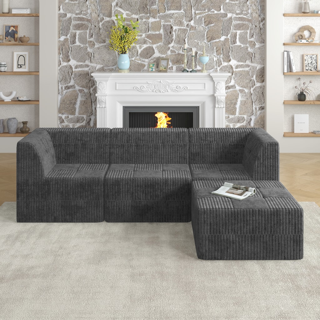 Minimalist Corduroy Upholstered Sectional Sofa with Chaise, Modular Compressed Sleeper Couch with Ottoman for Living Room
