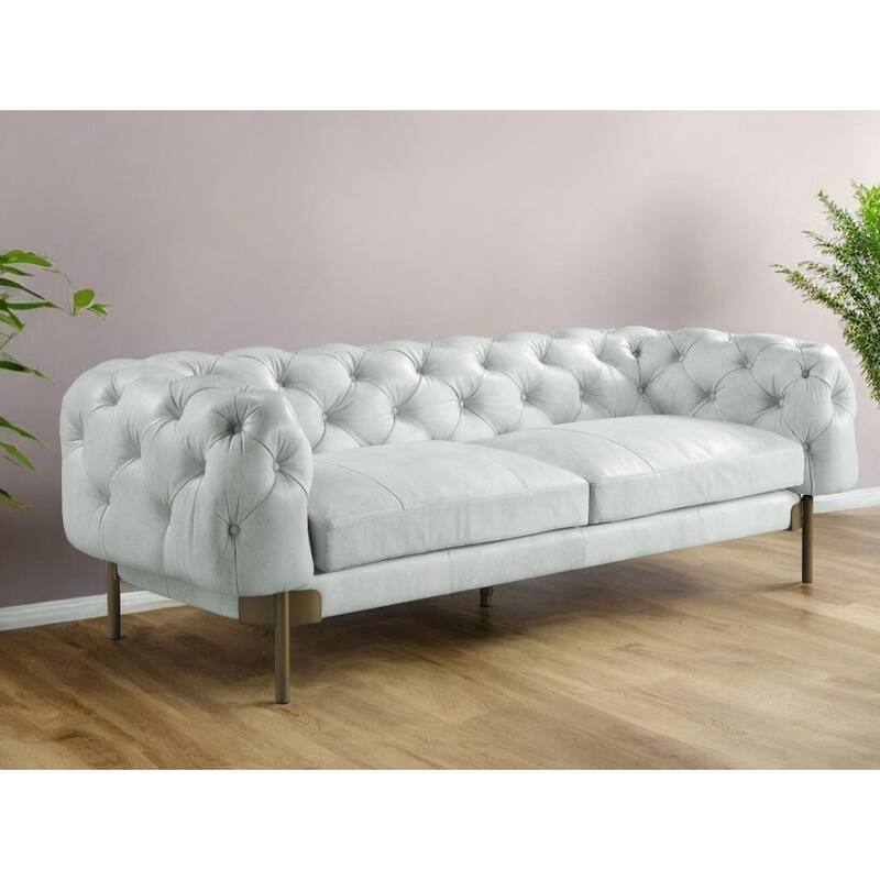 HomeRoots 96" Light Slate Gray Top Grain Leather Sofa With Gold Legs - 96