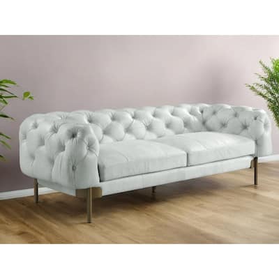 HomeRoots 96" Light Slate Gray Top Grain Leather Sofa With Gold Legs - 96