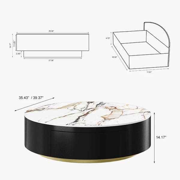 dimension image slide 2 of 5, Modern Drum Coffee Table with Oak Veneer, Sintered Stone Coffee Table with 2 Solid Wood Drawers, Fully Assembled, White